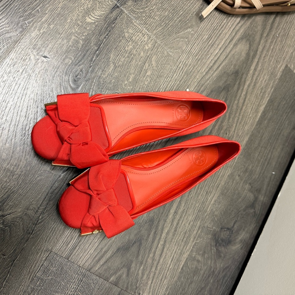 Tory Burch Red Bow Peep-Toe Ballet Flats